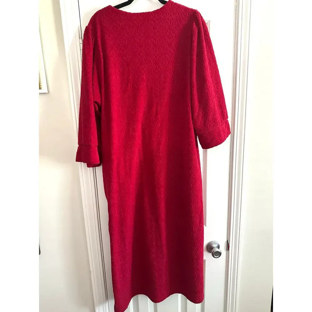 MISS ELAINE Vintage Red Fleece Plush Robe Housedress House Dress Embroidered XL